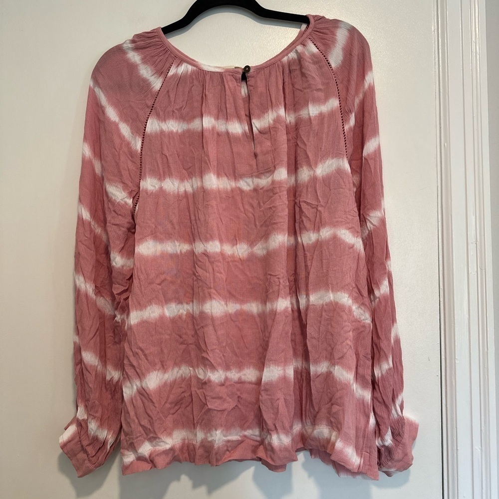 A.N.A. Women’s Lg Pink & White Tie Dye Long Sleeve Flowy Relaxed Peasant Blouse